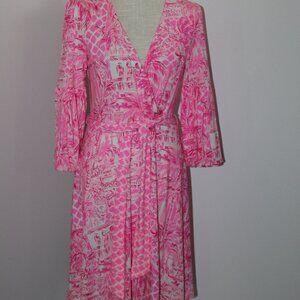 Lilly Pulitzer Pink White Print Faux Wrap Top Belted Dress M